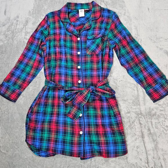 Lands End Robe Womens Medium Red Blue Plaid Flannel Sleepshirt Nightgown - Picture 2 of 8